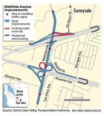 Map of the changes coming to the Rte 237 / Matilda interchange, showing removal of Moffett Park, road improvements, and new signals